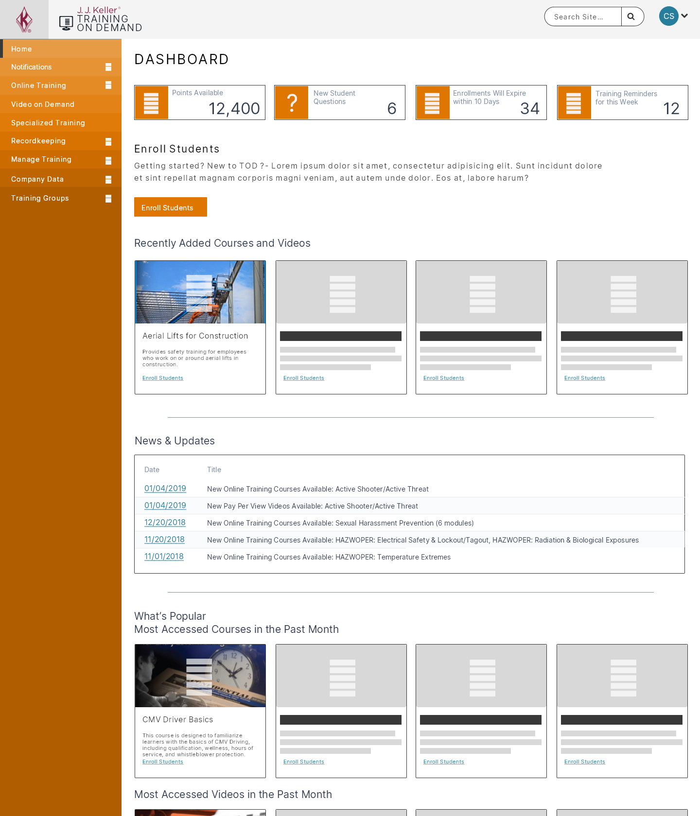 Training on Demand dashboard